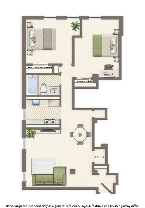 Floor plan for 2 beds, 1 bath, 711 sqft